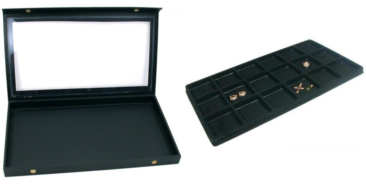 Black Glass Top Jewelry Case (Snap close lid) w/ Black 18-slot Plastic Tray